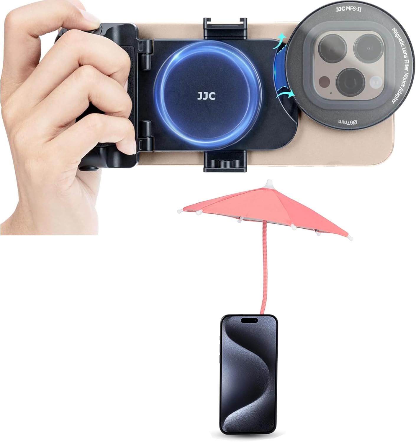 Phone Umbrella + Fiter Mount with Phone Grip: Phone Umbrella for Sun with 67mm Magnetic Phone Lens Fiter Mount with iPhone Camera Snap Grip Kit