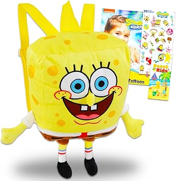 Spongebob Squarepants Plush Backpack Set - Bundle of 14" Deluxe Plush Doll Toy & Carrying Straps, Stickers, Tattoos, More | Spongebob Gifts for Kids