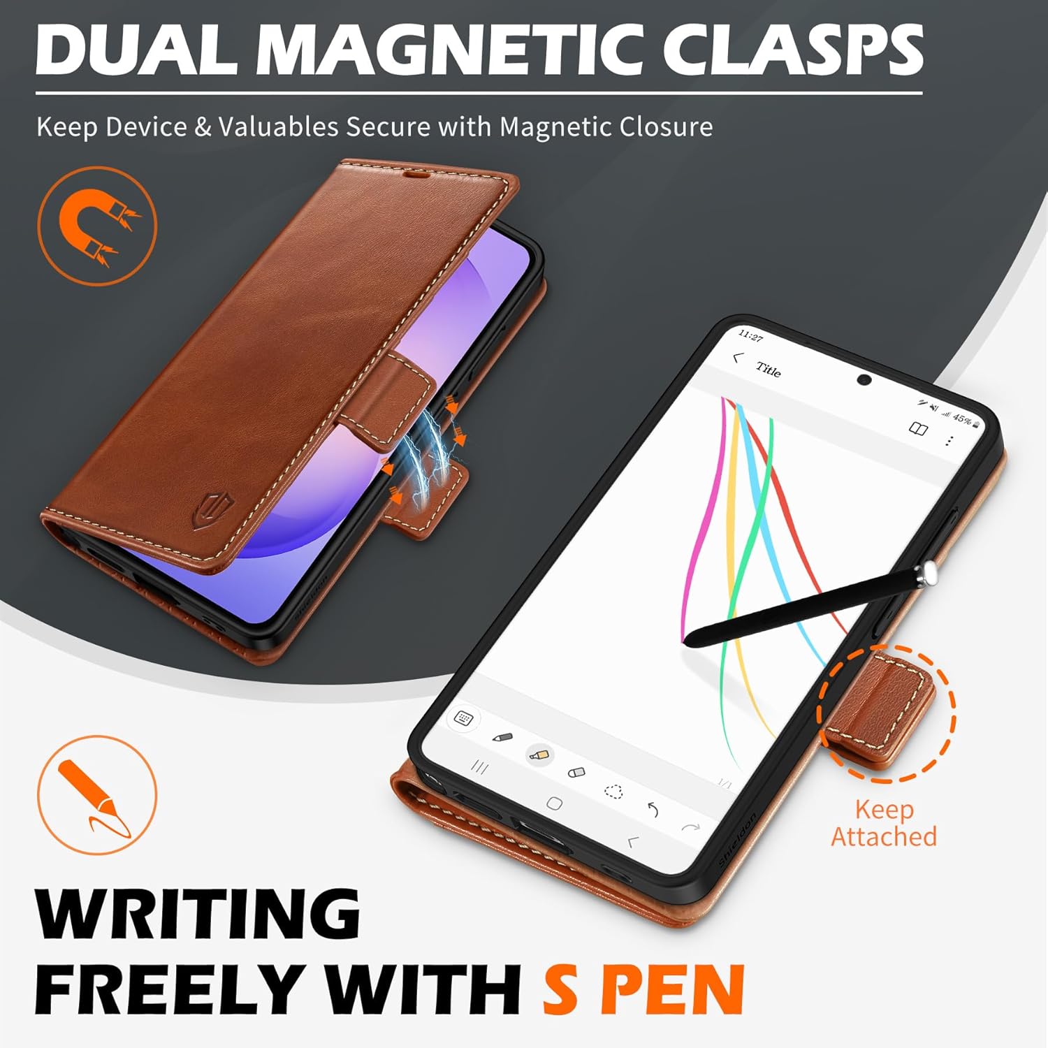 SHIELDON Wallet Case for Galaxy S26 Ultra 6.9" 2026, Genuine Leather Flip Book Magnetic RFID Blocking Credit Card Holder Kickstand Shockproof Cover Compatible with Galaxy S26 Ultra - Retro Brown