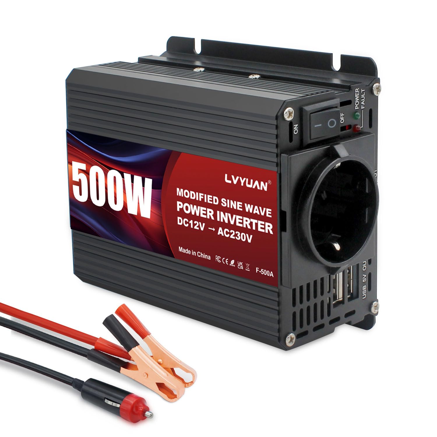LVYUAN Convertisseur 12V 220V 500W Convertisseur de Tension, Onduleur avec Double Connexion USB et Prises EU, Inverter