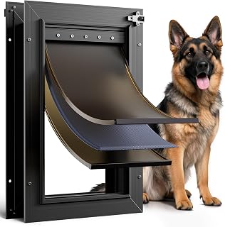 PETCOMING All Aluminum Large Dog Door with 3 Insulation Flaps, Heavy Duty Pet Door for Dogs up to 110lbs, Black Telescoping Tunnel & Security Panel