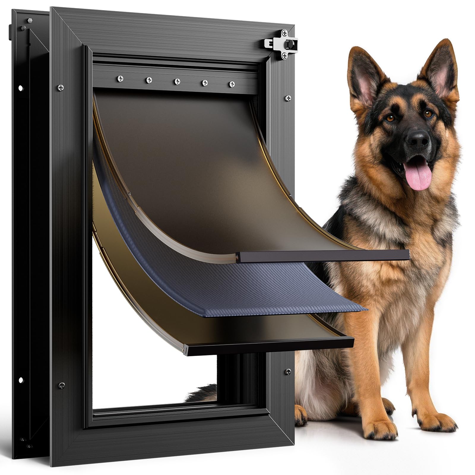 Dog Door for Door All Aluminum 3 Flaps Black, Large Dog Doggy Doggie Door, Heavy Duty Pet Door for Dogs Cats, with Insulation Flap, Telescoping Tunnel