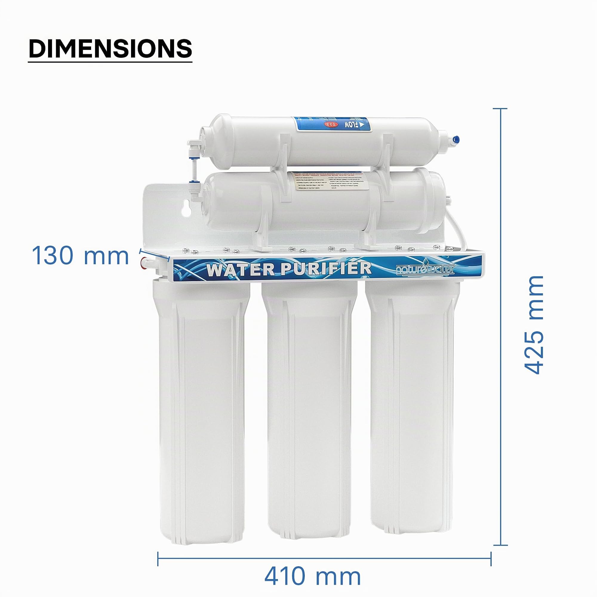 Naturewater NW-PR305 Filtre à eau potable – 410 x 135 x 450 mm – 5 Étapes – 360 L/h – avec Robinet, Vanne 3 voies, Cartouche PP Sédiments, Charbon actif – Filtration Purification Bactéries Pesticides