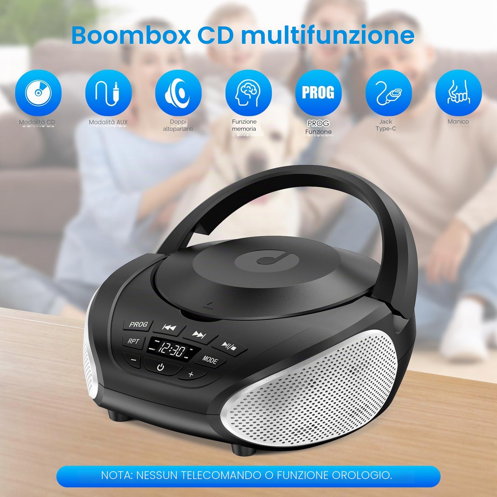 Gueray Lettore CD Portatile Boombox - Radio CD Compatto con Altoparlanti Stereo, Radio FM, Ingresso AUX 3.5 mm, Jack per Cuffie e Display LCD per Interni, Esterni, Viaggi & Audiolibri (Nero + Argento)