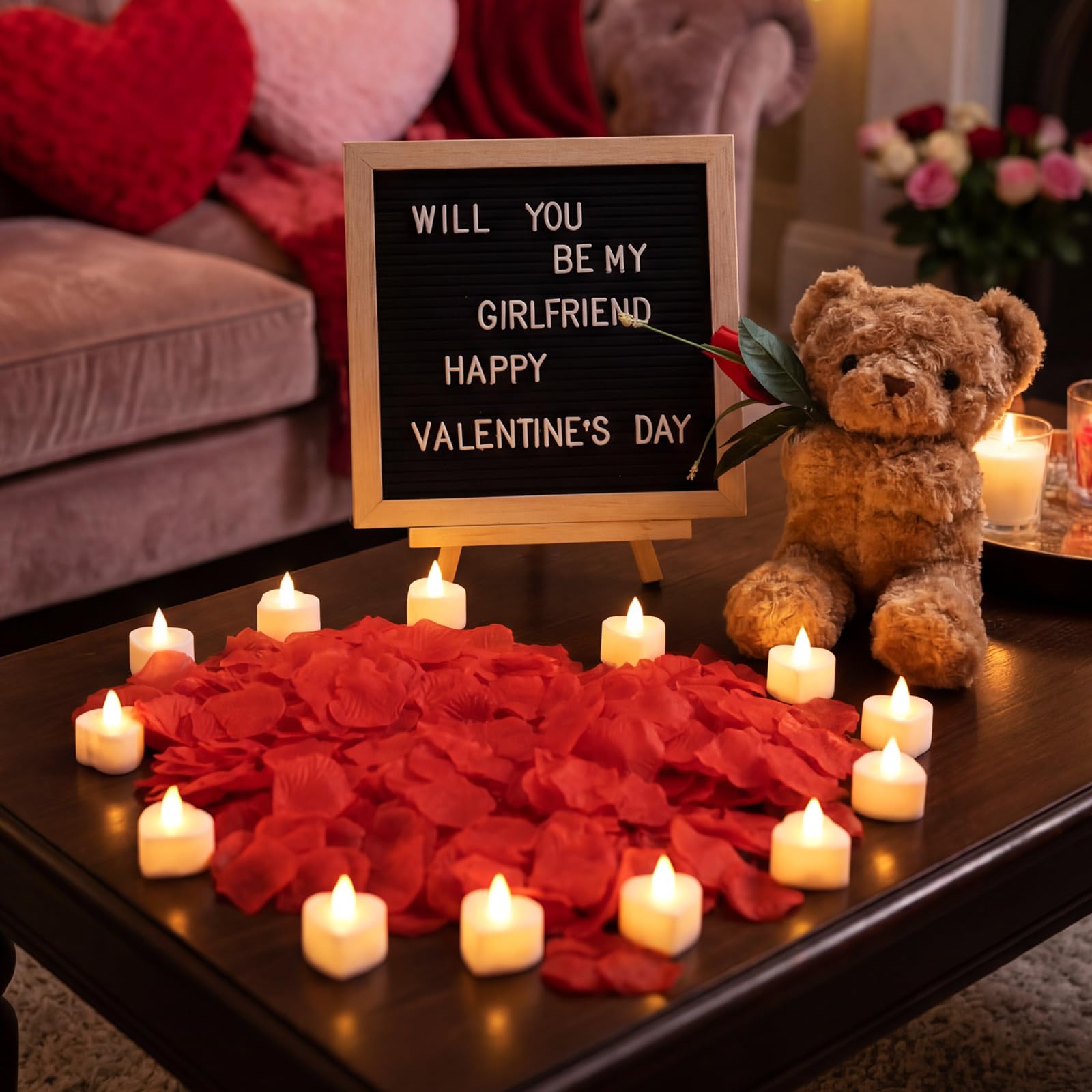 Ceenna Panneau romantique Will You Be My Girlfriend avec bougies LED et pétales de rose artificiels, cadeau animal en peluche avec rose, panneau à lettres en feutre pour la Saint-Valentin (rouge)