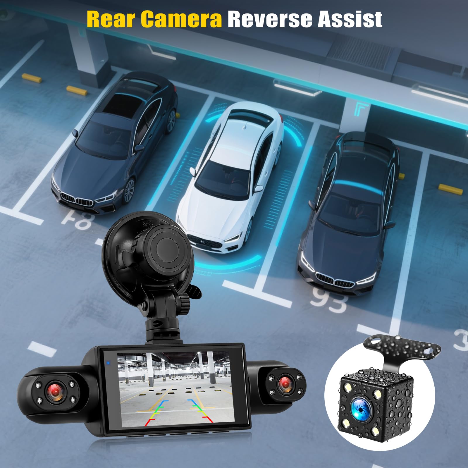 4 Canali 360° Dash Cam Auto, Telecamera per Auto da 3 Pollici 1080P con Visione Notturna, Video in Loop, 24H Parcheggio Monitor, Ausilio al parcheggio