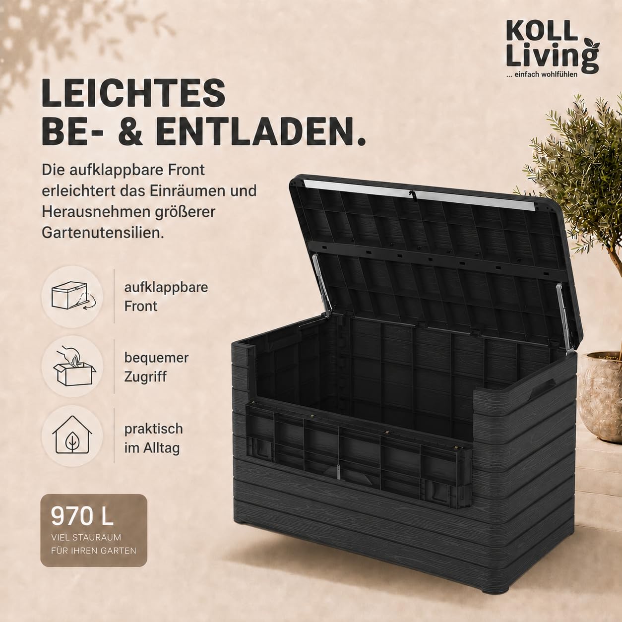 Koll Living Gartenbox/Auflagenbox Nora 970 Liter | Anthrazit | Aufklappbare Front | UV- und witterungsbeständig | 100% Wasserdicht | Belüftet daher Schimmelfrei | 147 x 83 x 85 cm | Gasdruckfedern