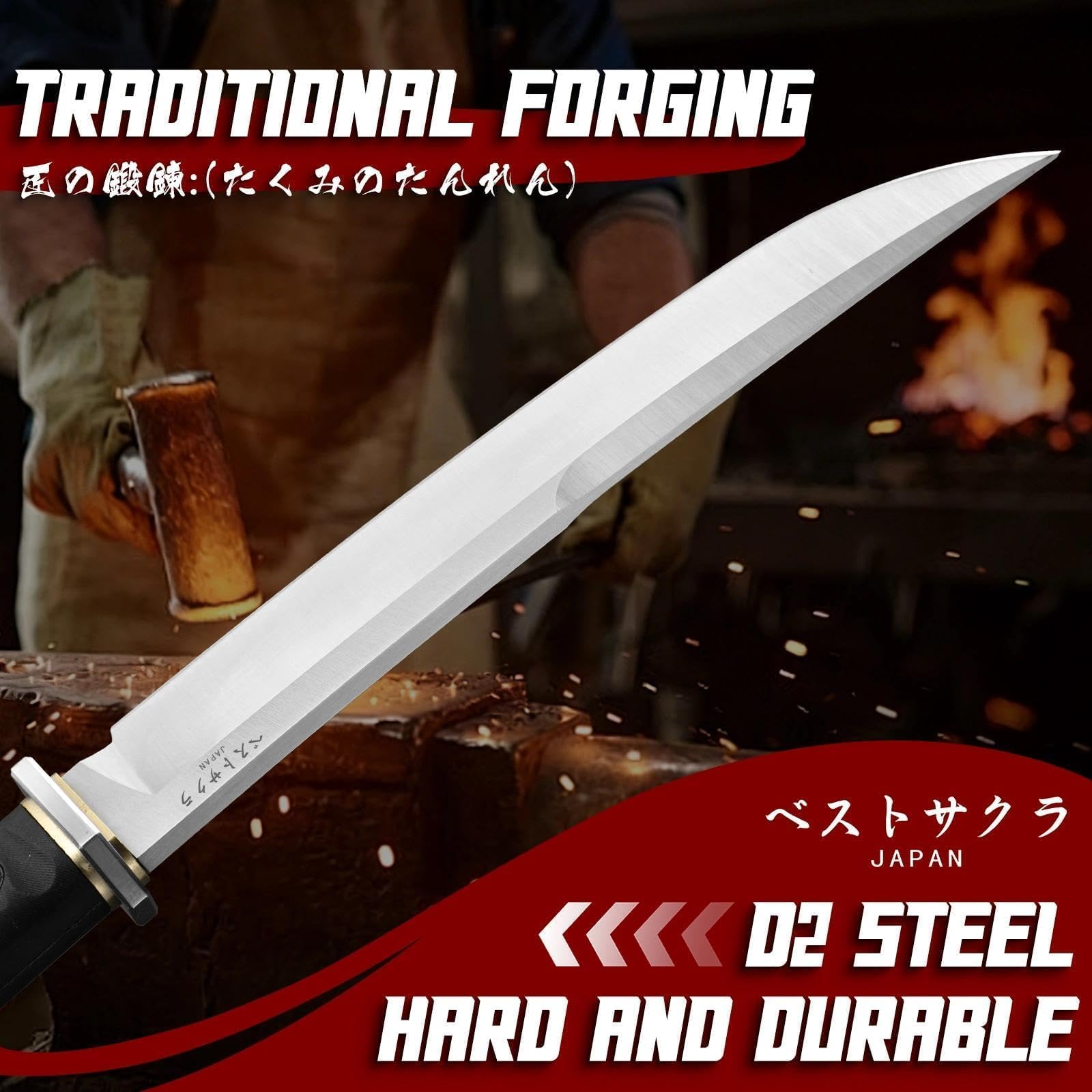 Freelander Großes Outdoor Messer Survival, Machete Scharf Echt Japanisch aus D2 Stahl, Jagdmesser Feststehende Klinge mit 6mm Klingenstärke, Outdoor Bushcraft Camping Messer mit Scheide