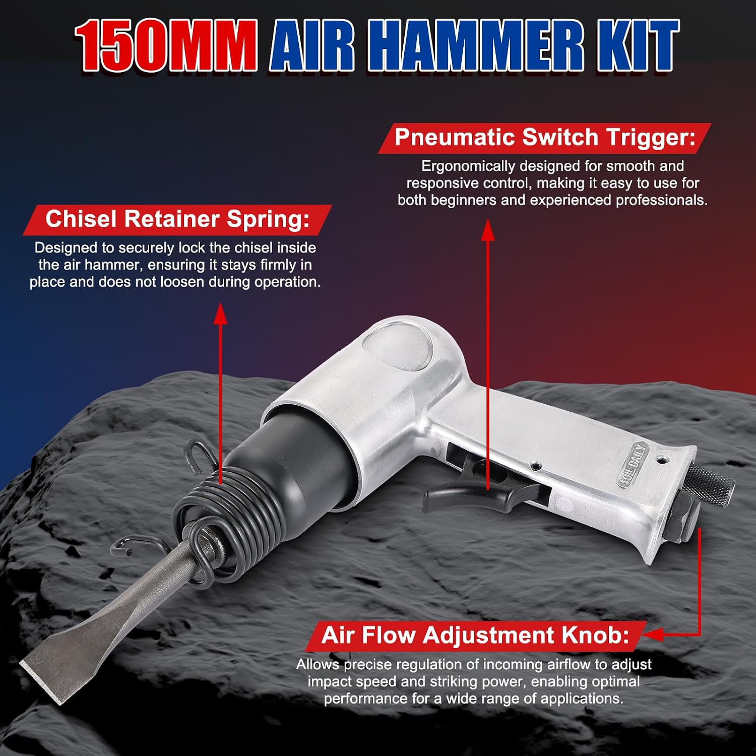 NYXOVA 150mm Air Hammer Kit, 4500 BPM Short Barrel Pneumatic Hammer with Quick Change Retainer & 4 Chisels – Heavy-Duty Air Chisel Tool for Automotive, Metal & Masonry Work