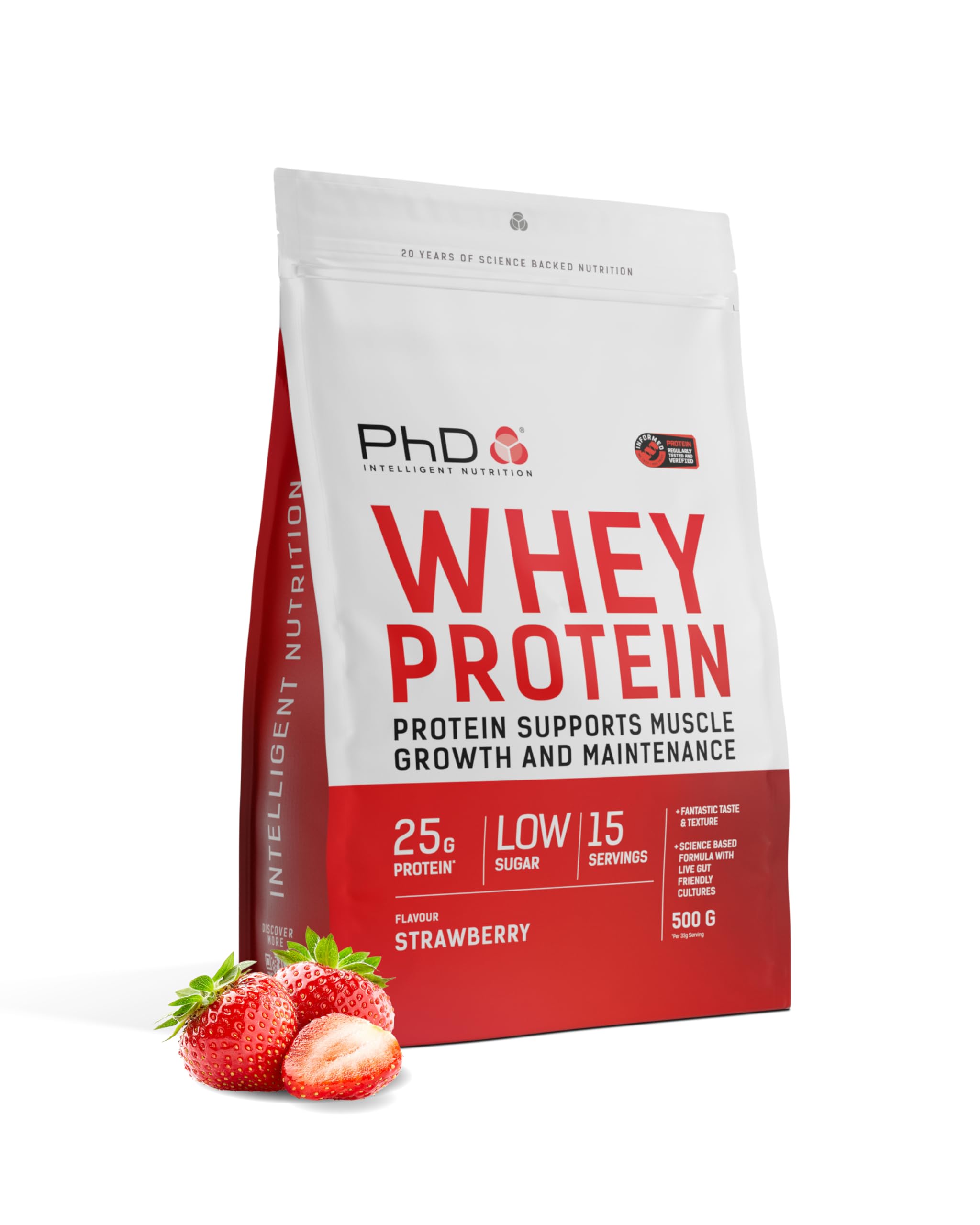 PhD Whey Protein Powder - High Protein Shake with Bacillus Coagulans - Supports Muscle Growth and Maintenance - Strawberry - 500g