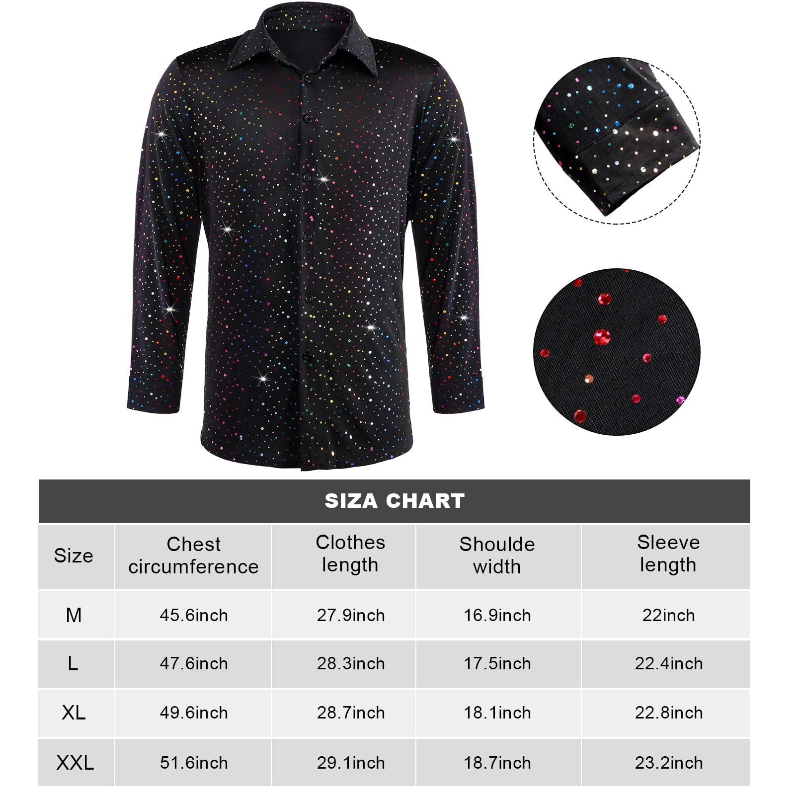 16 Pcs Men's 70s Disco Costumes Shiny Disco Outfit Shirts Halloween Wigs Necklace Mustaches Sunglasses (Black, Brown, Large)