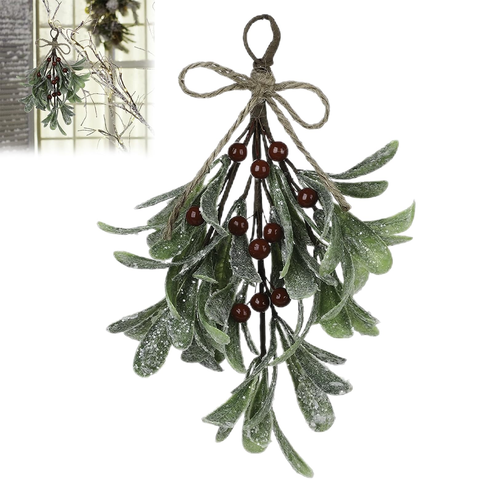 Mistelzweig Künstlich, Simulierte Weihnachts Mistelzweig Dekoration, Künstliche Mistelzweige Mit Frostbeeren Und Schleife, Mistelzweigs Hängedeko weihnachtens, Beerenstiele Ornament Für Girlande(Rot)