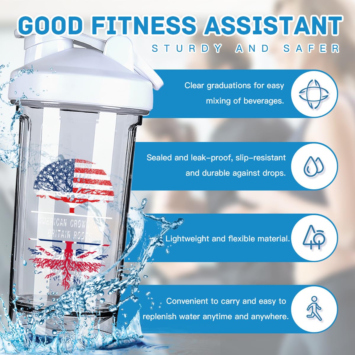 America Crown With Britain Roots 18 Ounce Shaker Cup,Fashion Theme Pattern Shaker Bottle Leak-proof Workout Shake Bottles 500ML/18 oz Perfect for Pre Workout