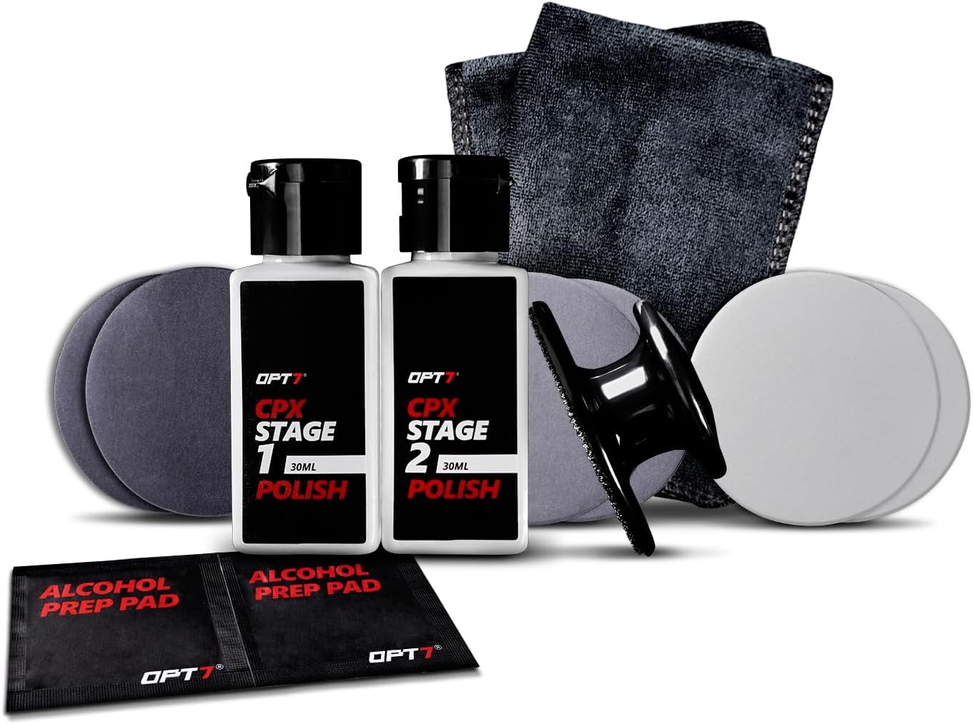OPT7 Headlight Restoration Polish Package, 3 Easy Stage to Restore with Polish Compound, Microfiber Towel, Hand Sander, Sandpaper OPT7 Headlight Restoration Polish Package, 3 Easy Stage to Restore with Polish Compound, Microfiber Towel, Hand Sander, Sandpaper
