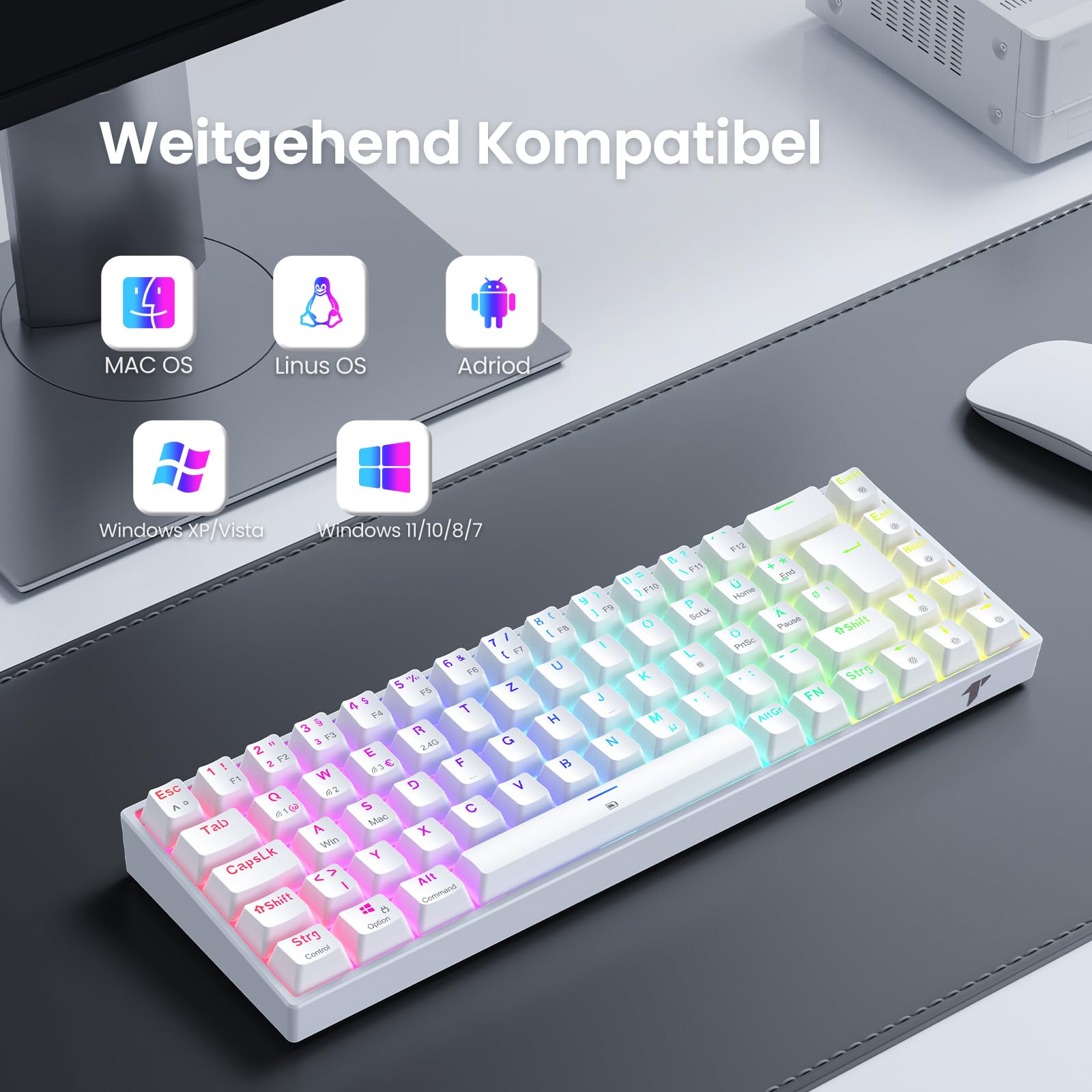 TECURS Klawiatura mechaniczna gamingowa bezprzewodowa klawiatura RGB QWERTZ Bluetooth / 2,4 G/podświetlana kablem 65% TKL czerwony przełącznik do iPhone'a/Android/PC/Mac / PS4, biała