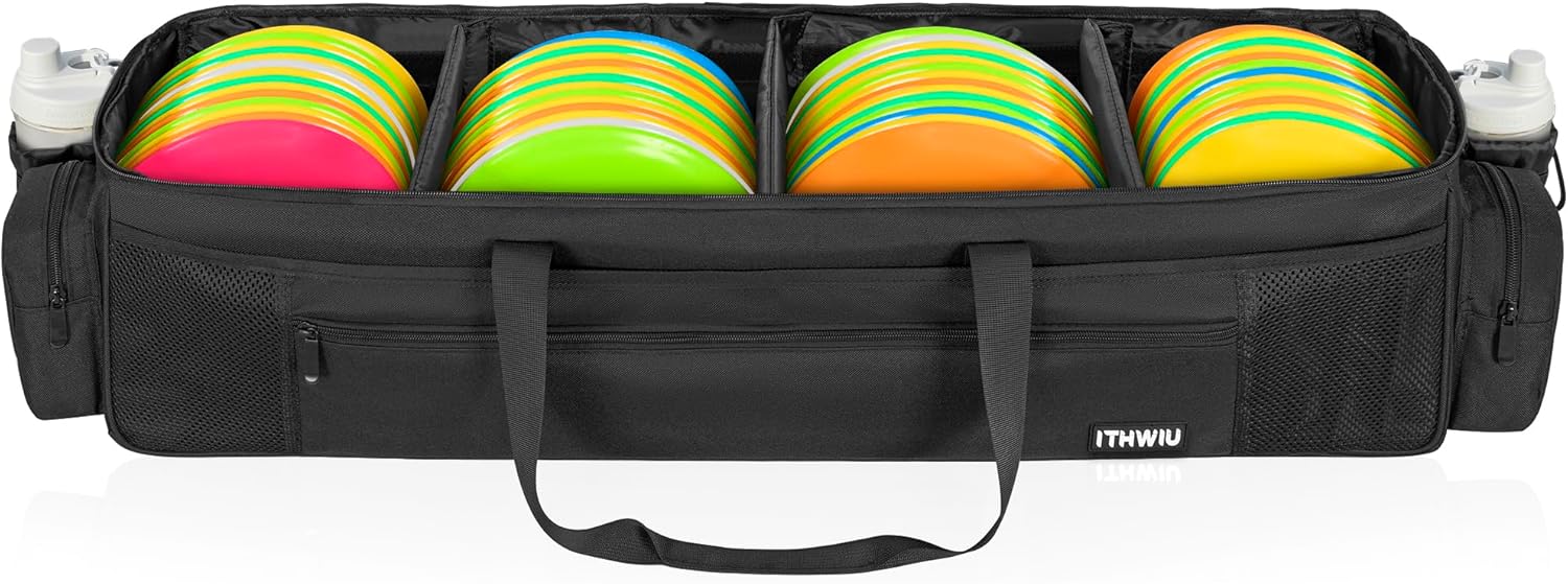 Disc Golf Storage Bag Durable Large Capacity with Dividers and Multi Side Pockets, Black