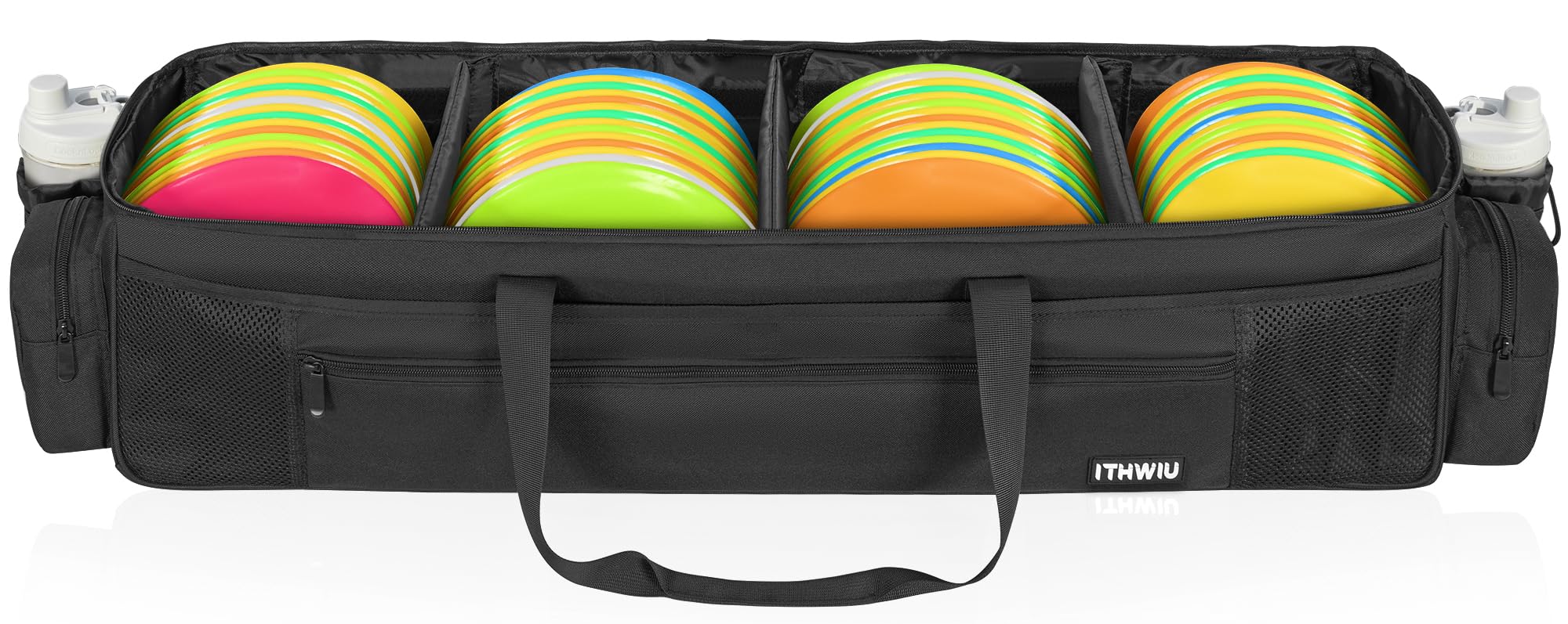 Discgolf-Aufbewahrungstasche, 87 x 26 x 26 cm, großes Fassungsvermögen, bietet Platz für 48+ Discs mit 4 Trennwänden und mehreren Seitentaschen, Schwarz
