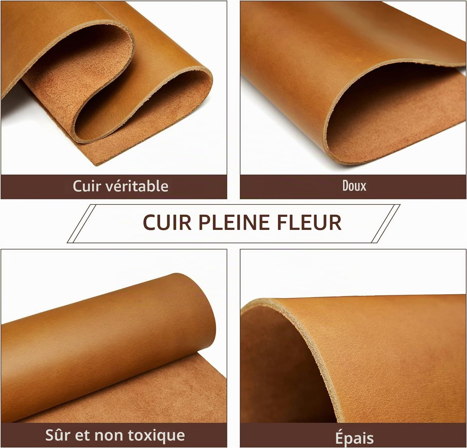 Cuir de vache pleine fleur épais marron bourbon 3,6 mm-4 mm (255,1 à 283,5 g) cuir de vache pleine fleur épais pour travaux manuels, outillage, loisirs créatifs, cuir, 61 x 61 cm