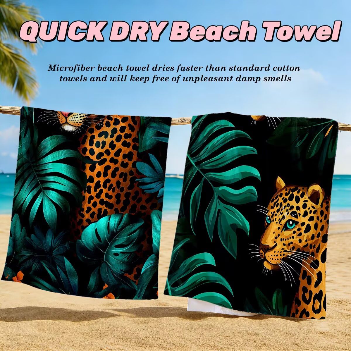 Toalla Playa 90x180 cm, Toalla Gimnasio Microfibra Secado Rapido, Juego de 2 Antiarena Toallas de Playa, Ligera Compacta Toallas Microfibra Grande para Viaje, Regalo Hombre Mujer (Leopardo) -4267