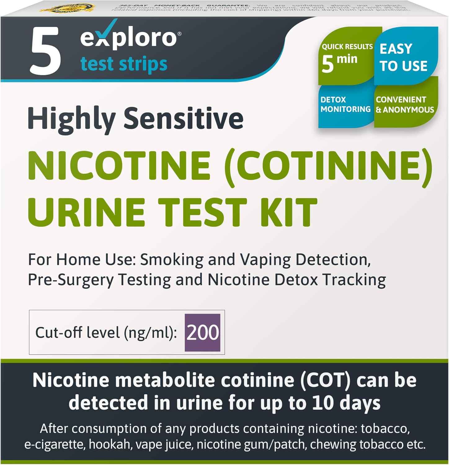 Exploro Pruebas de nicotina altamente sensibles para el hogar - Prueba de nicoteno - Prueba de orina de cotinina por hasta 10 días - Kit de prueba
