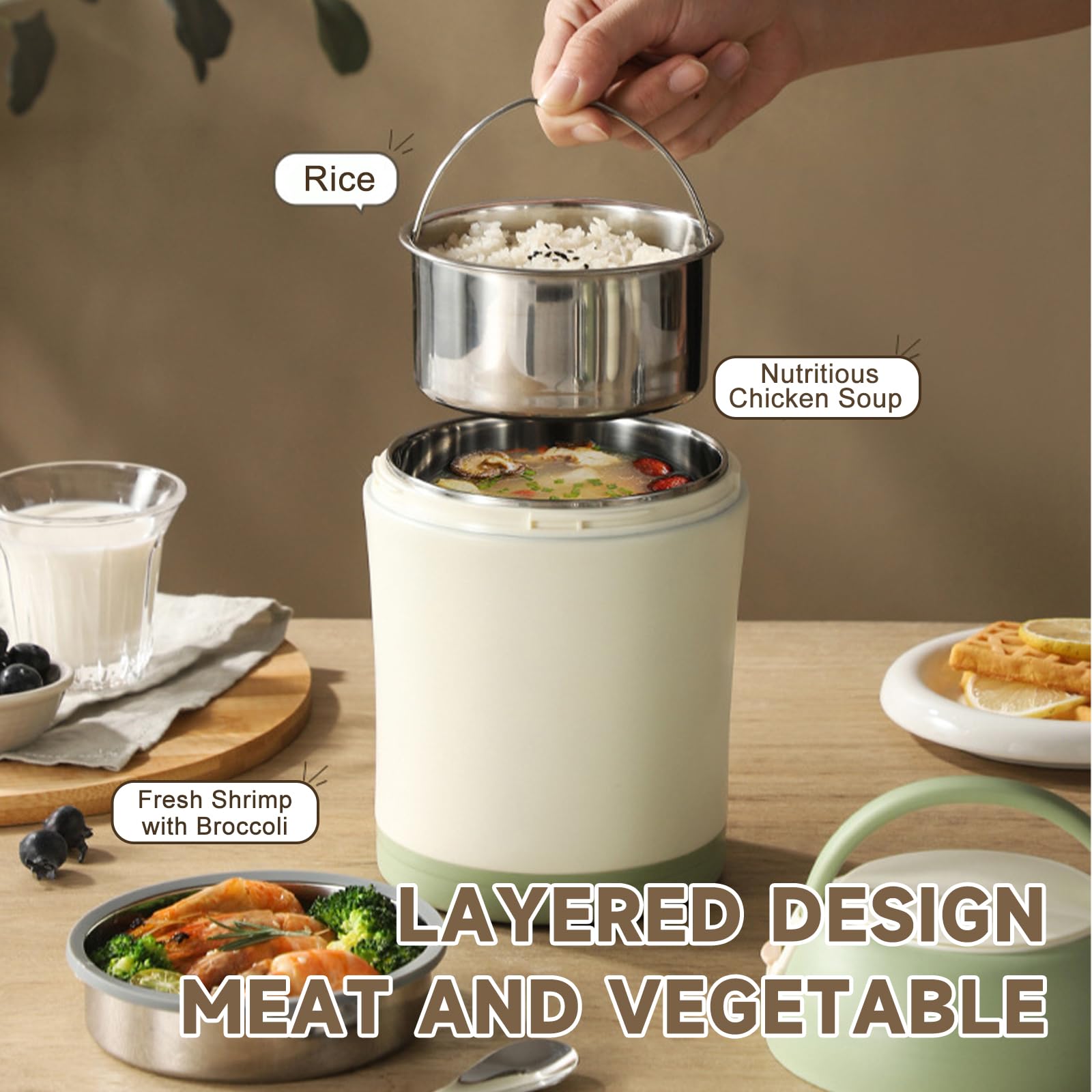 Nikou 1200ml Thermobehälter für Essen, Edelstahl Warmhaltebehälter mit Löffel, Tragbare Essen Thermoschüssel mit Deckel, Isolierte Lunchbox Bento Box für Suppen Porridge Mahlzeiten (Grün)