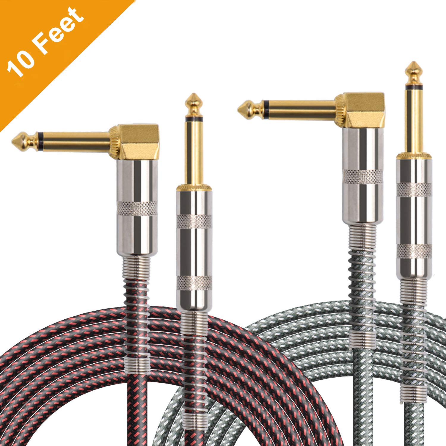 OTraki 10ft Electric Guitar Cable 2 Pack 1/4 Inch TS Instrument Cables Straight to Right Angle Bass Amp Cord 3 Meter for Keyboard Effector Drum Woven Tweed with 6.35mm Gold Plated Plug Red + Green