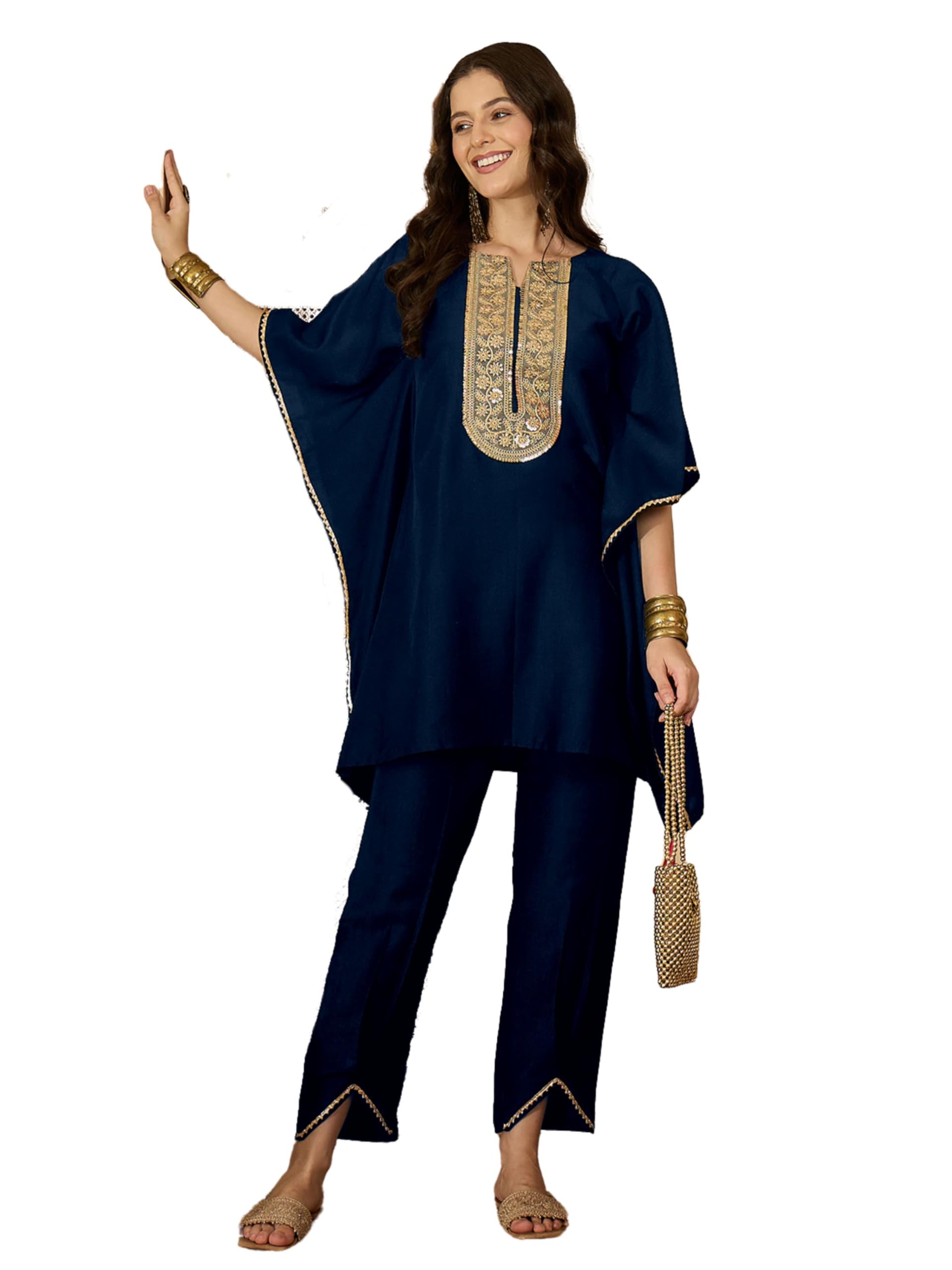 Youthnic Women's Cotton Silk Embroidered Kaftan Kurta with Pant Set | Co Ord Set for Women Stylish | Kurta Set for Women | Wedding Outfit, Navy, S โ image 1