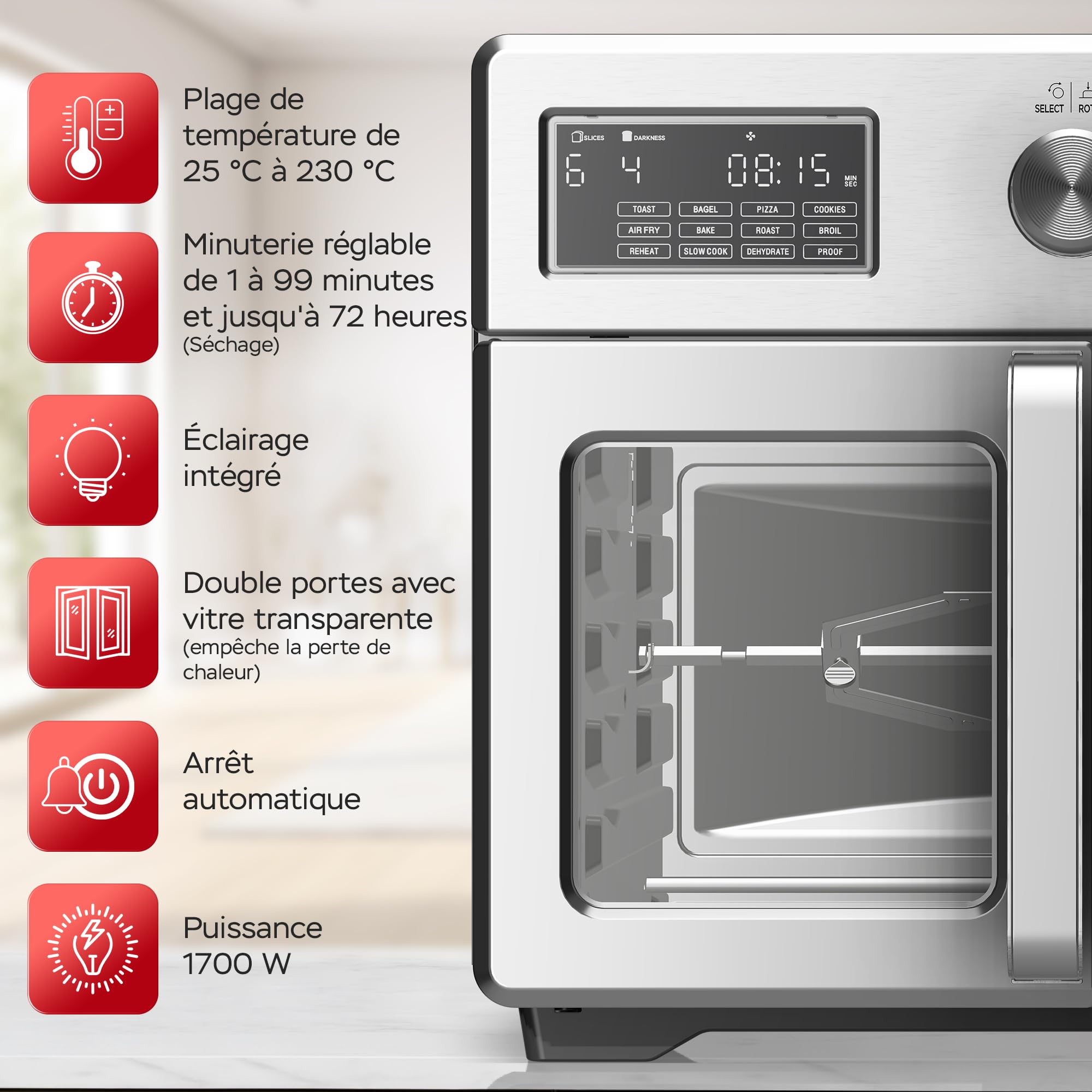 TurboTronic Mini four, four à air chaud 4 en 1 et friteuse à air chaud, version XXL 32 L, y compris tournebroche et de nombreux accessoires, plaque de cuisson, déshydrateur à partir de 25 °C & grill,