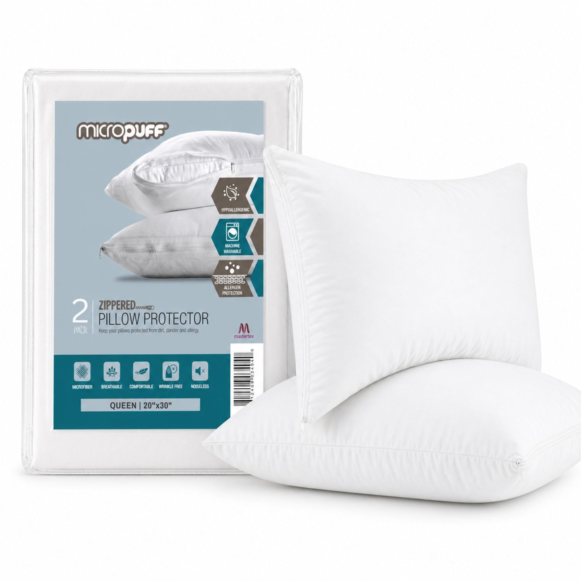 MICROPUFF Zippered Pillow Protectors Queen - Soft Brushed Microfiber Pillow Covers, Noiseless and Hypoallergenic Pillowcases with Zipper (2 Pack, Queen 20x30)