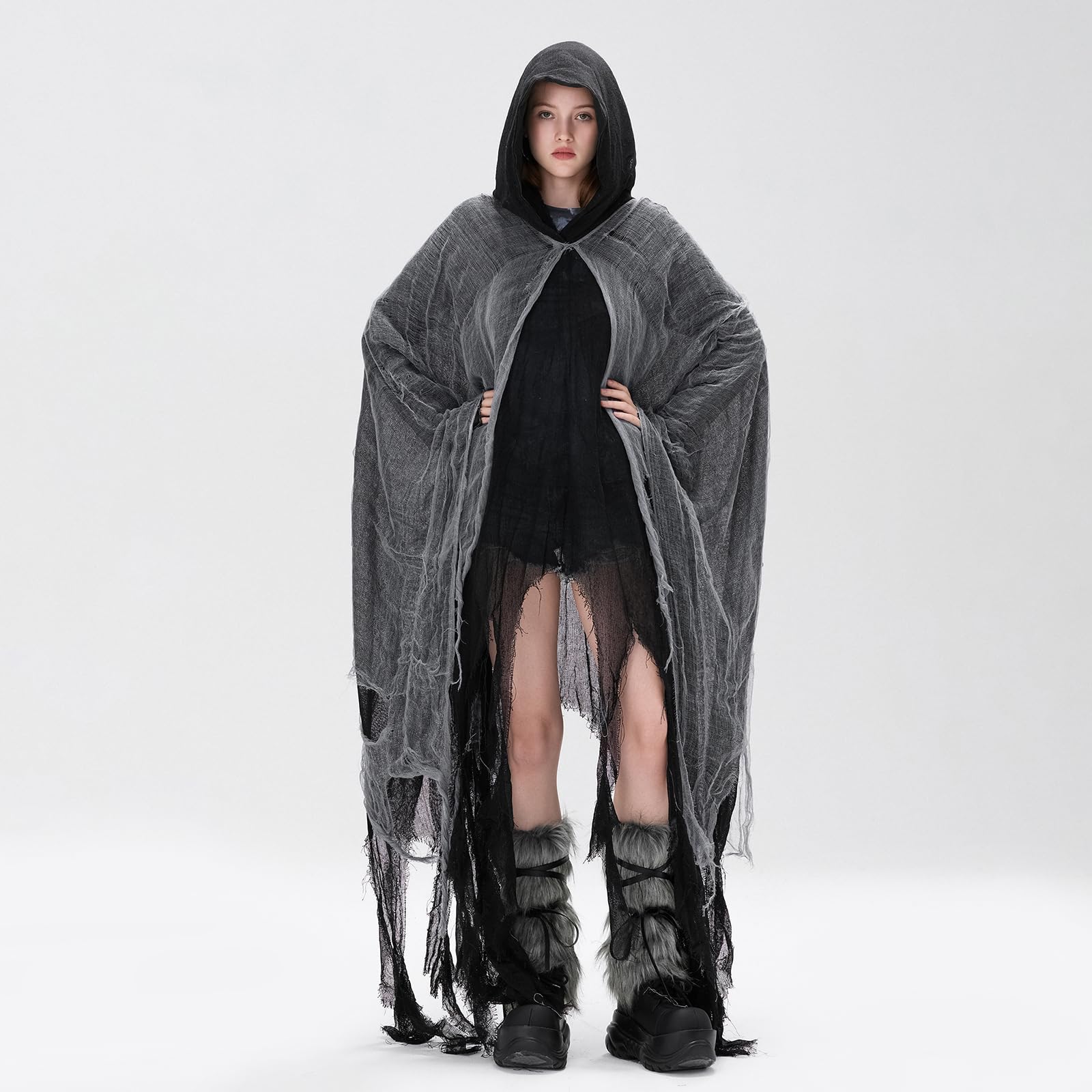 SANSIWU Women's Halloween Ripped Witch Cloak Adults Terrifying Reaper Ghost Cape Medieval Renaissance Scream Grim Cosplay Outfits (A-Black - Image 2