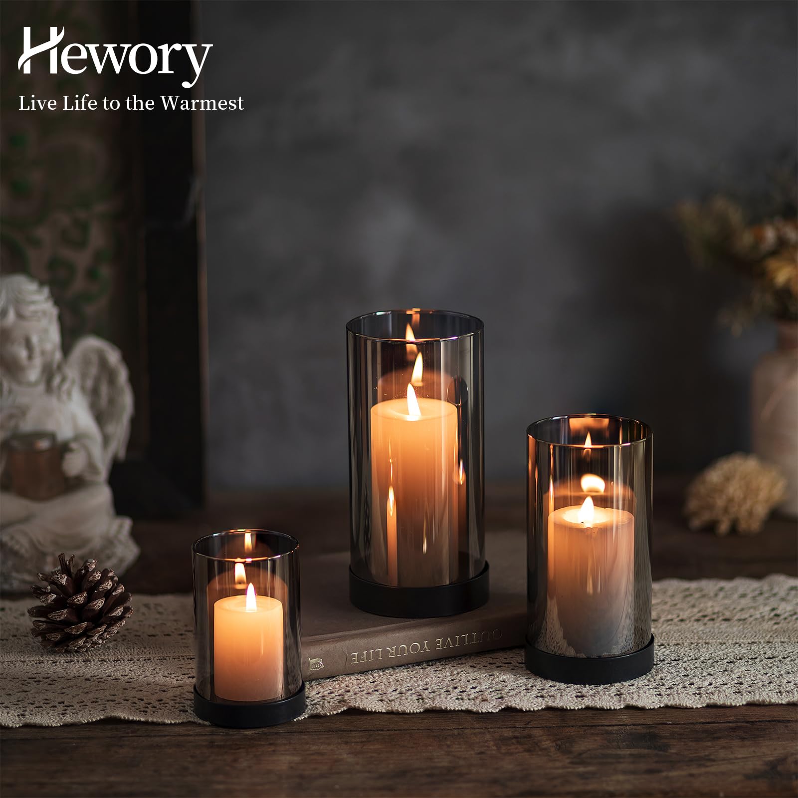 Hewory Hurricane Candle Holder Black : Lot de 6 bougeoirs en Verre pour Bougies piliers, Lanterne décorative avec Plateau en métal pour Le Salon, la Salle à Manger