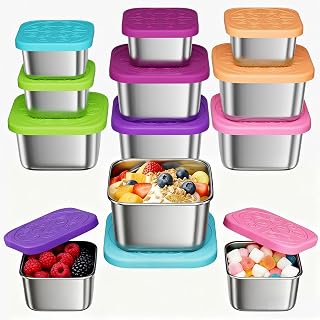12-Piece Stainless Steel Snack Container Set - Airtight Silicone Lid with Printed Design Sauce Containers, Multi-Use Food Storage for Salads, Dips, Snacks, Microwave & Dishwasher Safe