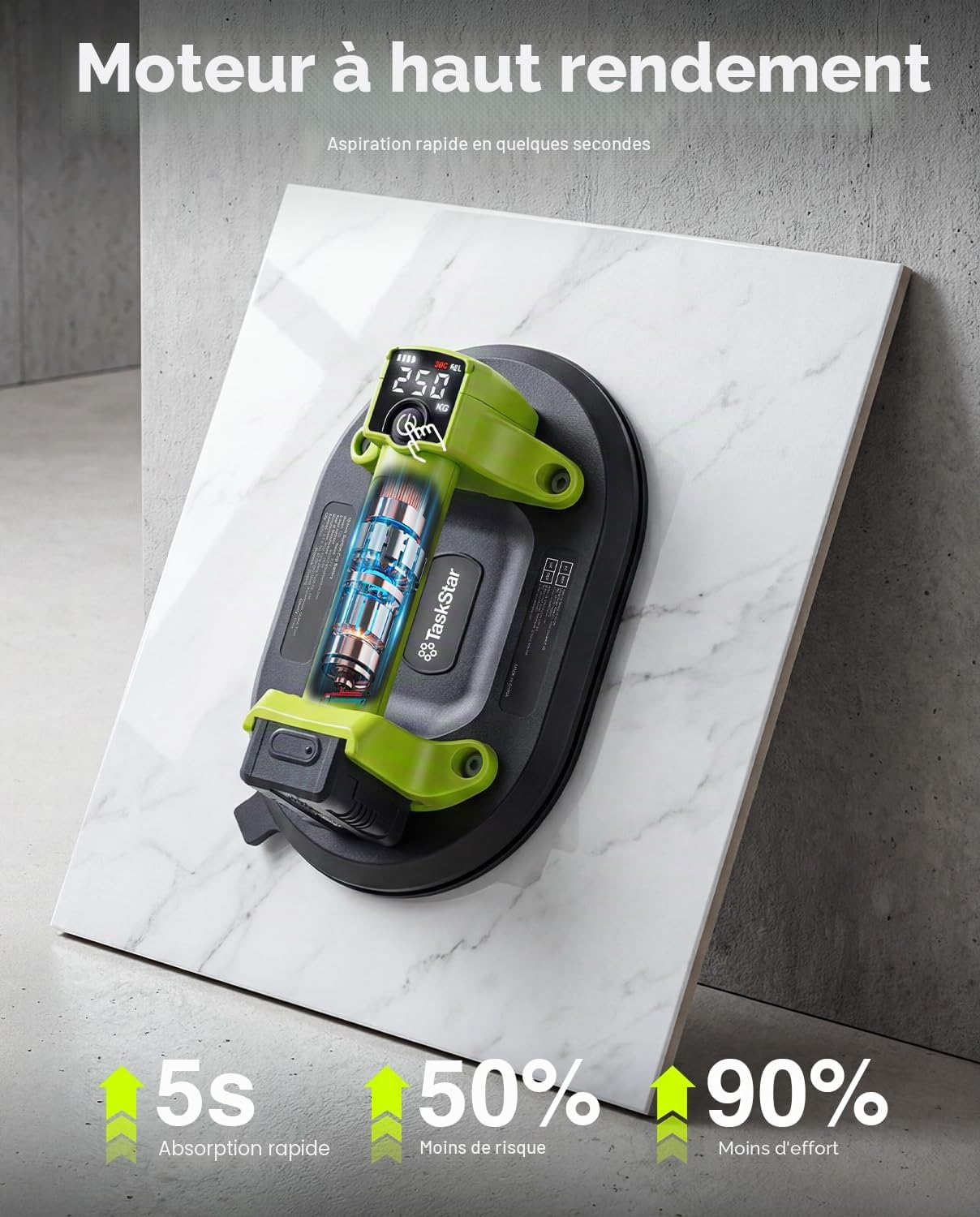 Taskstar Ventouse Carrelage Électrique: Ventouse Vitre sans Fil 25cm avec Capacité de Charge Verticale de 250 kg, Affichage LCD, 4X Batteries 3000mAh,Ventouse Pare Brise pour Verre, Carrelage, Granit