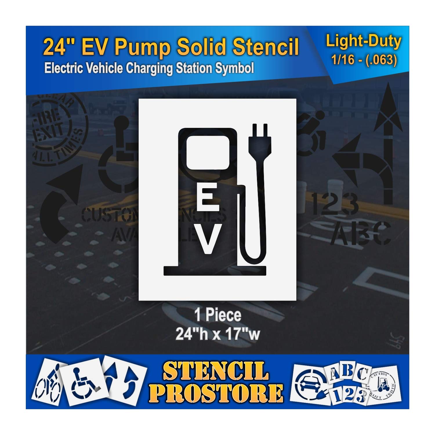 Pavement Stencils - 24 in - Electric Pump with Plug and EV Letters - 24'' x 17'' x 1/16" (63 mil) - Light-Duty