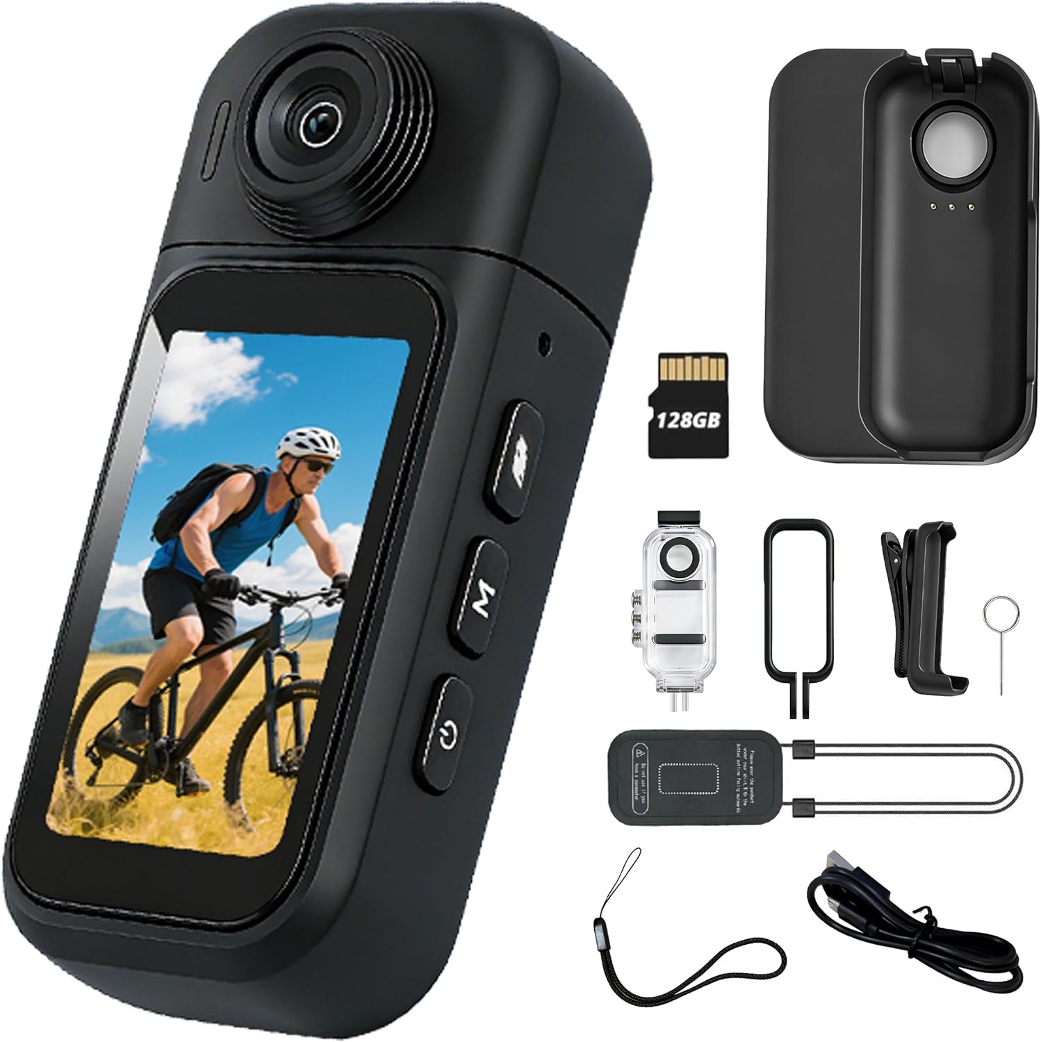 128G Thumb Action Camera, POV Camera Hands-Free Recording, Wearable Body Camera, Portable Vlogging with Touch Screen, Helmet Cam for Cycling, Motorcycle, Traveling, Tiny Size with 180° Rotating Lens