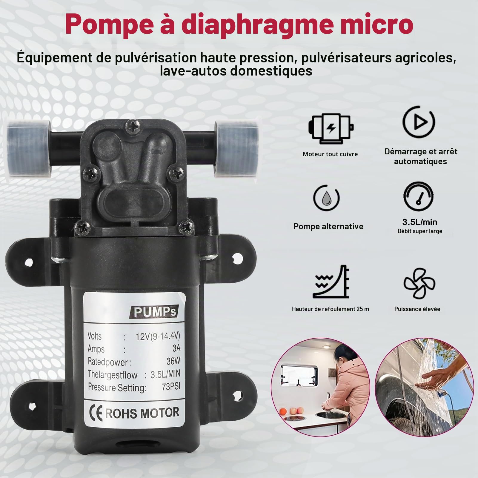 DEWIN Pompe à Eau, Micro Pompe à Diaphragme Agricole Électrique Pulvérisateur d'eau à Haute Pression Connecteur 10.3mm 12V 36W