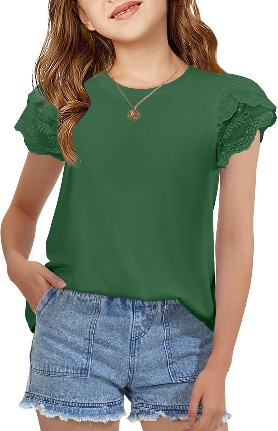 Arshiner Girls T Shirts Lace Petal Short Sleeves Kids Crewneck Casual Blouse Summer Tops Tees
