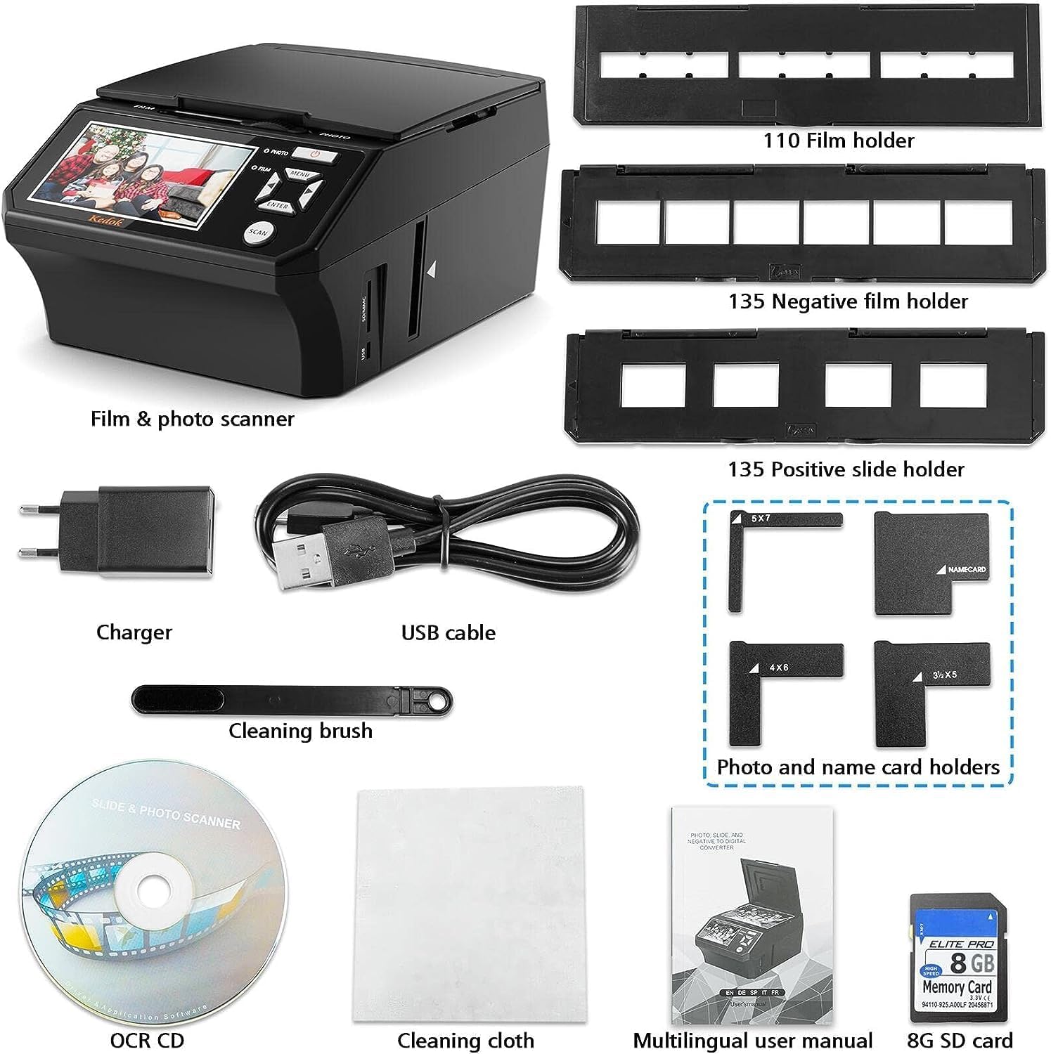 Scanner de Diapositives numérique 22 MP avec écran LCD 5 Pouces - Convertit Facilement des Films/Photos et Cartes de Visite 35 mm, 110 au Format JPEG, Carte mémoire de 8 Go Incluse