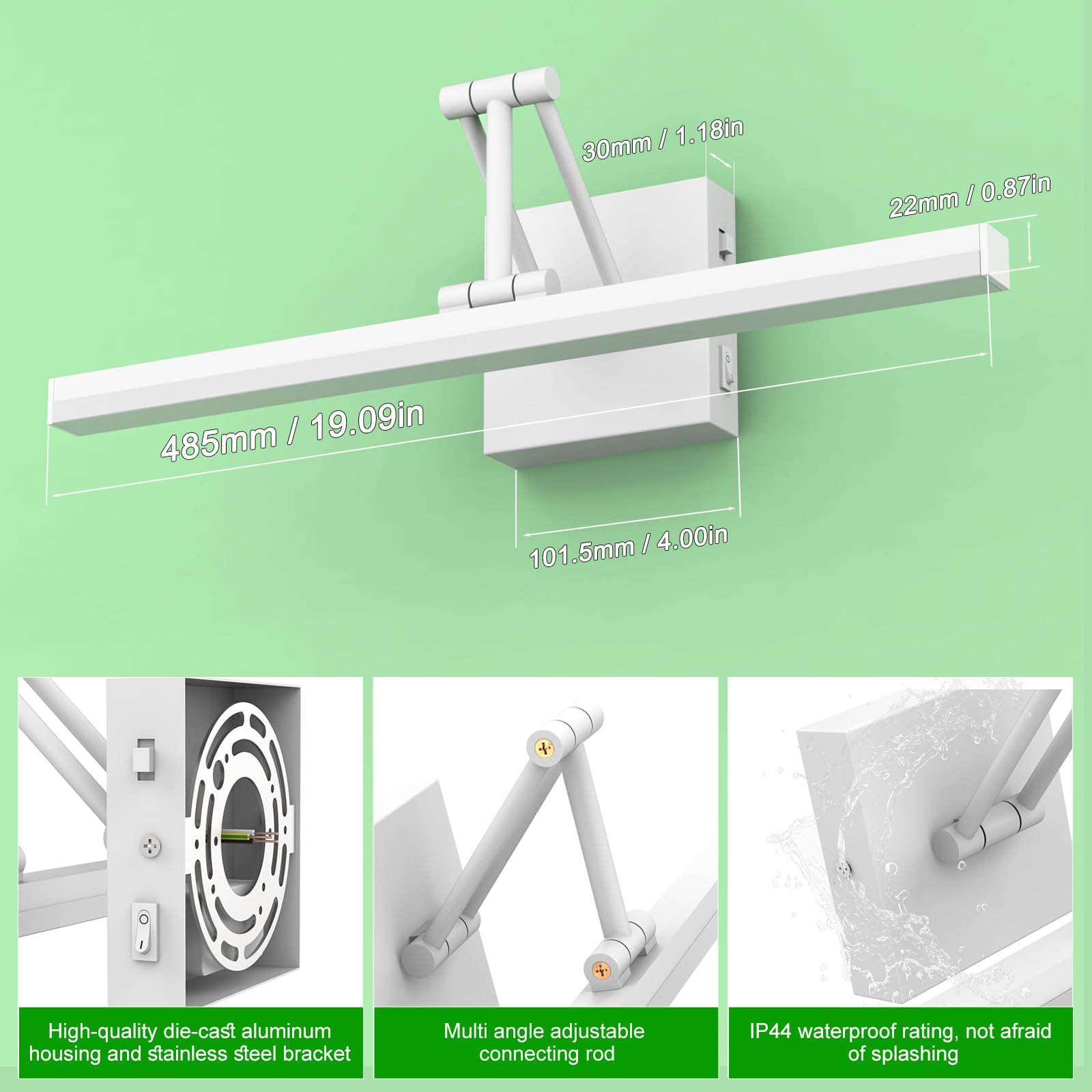 Sytmhoe 12W Spiegellampe Bad 3000K 4500K 6500K Faltbar Teleskophalterung 48.5CM 960LM Badezimmer Wandleuchte Weiß Aluminium