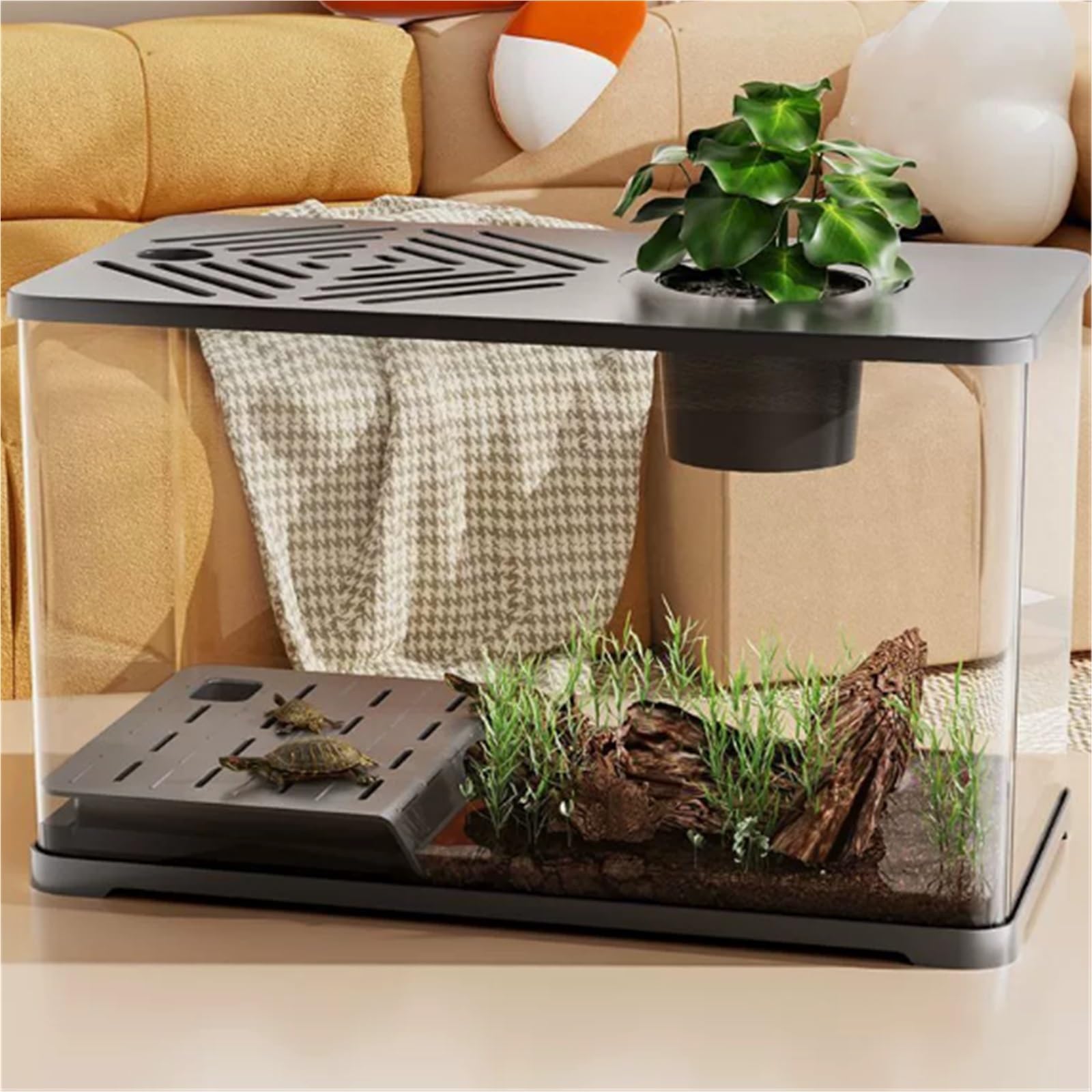 Siedlisko terrarium Ekologiczne zagospodarowanie terenu w zbiorniku do hodowli żółwi z pokrywą, małą separacją na sucho i mokro Terrarium akwariowe(Czarny)