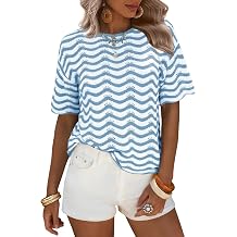 EXLURA Womens Summer Striped Crochet Tops Short Sleeve Knit Boho Top Hollow Out Beach Sweater Lightweight Vacation Shirts