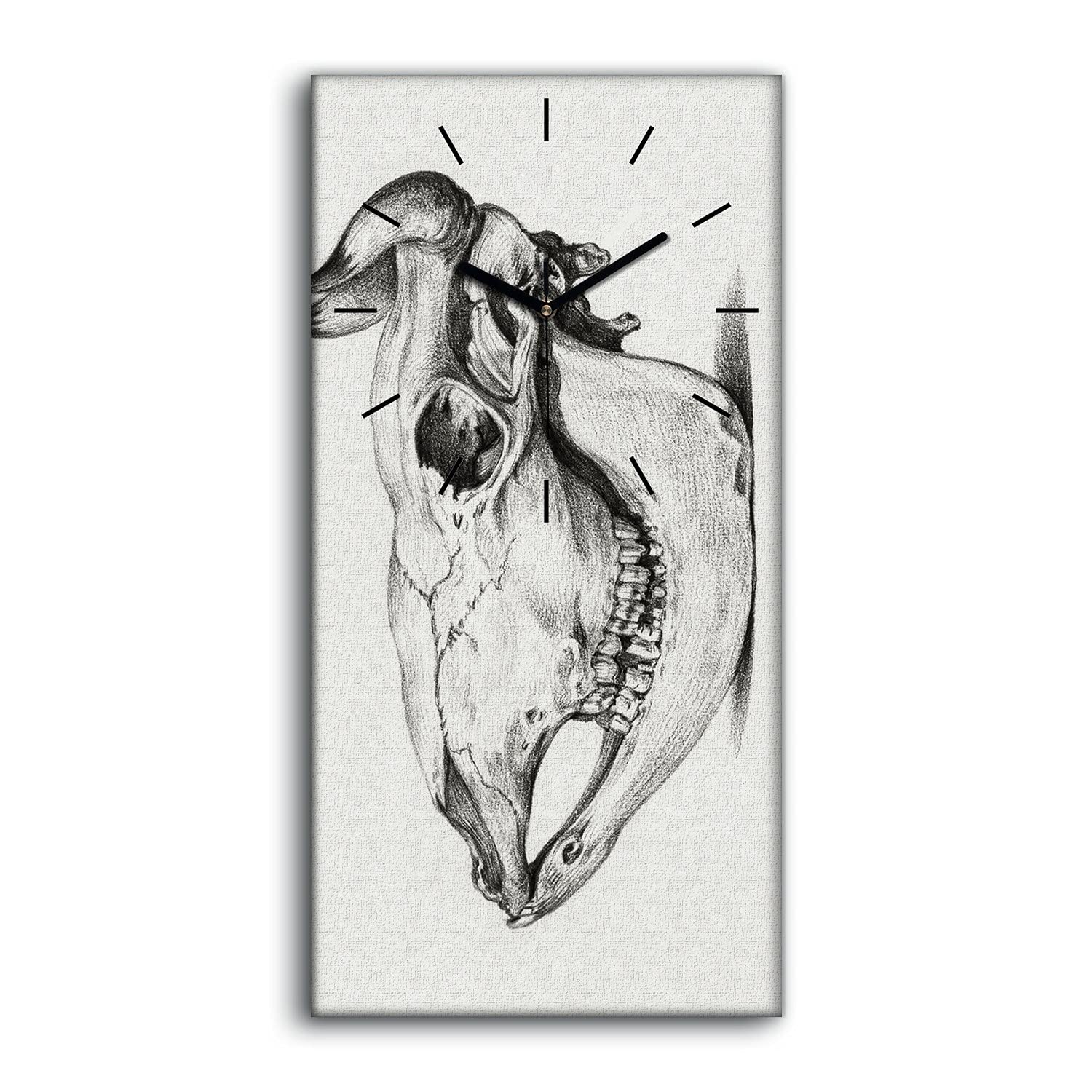 Horloge sur toile 30x60cm de crâne de vache avec des aiguilles noires silencieuses