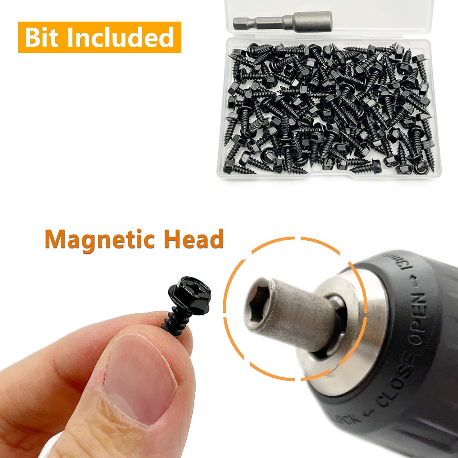 #8 x 1/2" Gutter Screws Hex Head Self-Tapping Screws Black Ruspert Finish, 100 Pieces, 1/4" Magnetic Driver Included