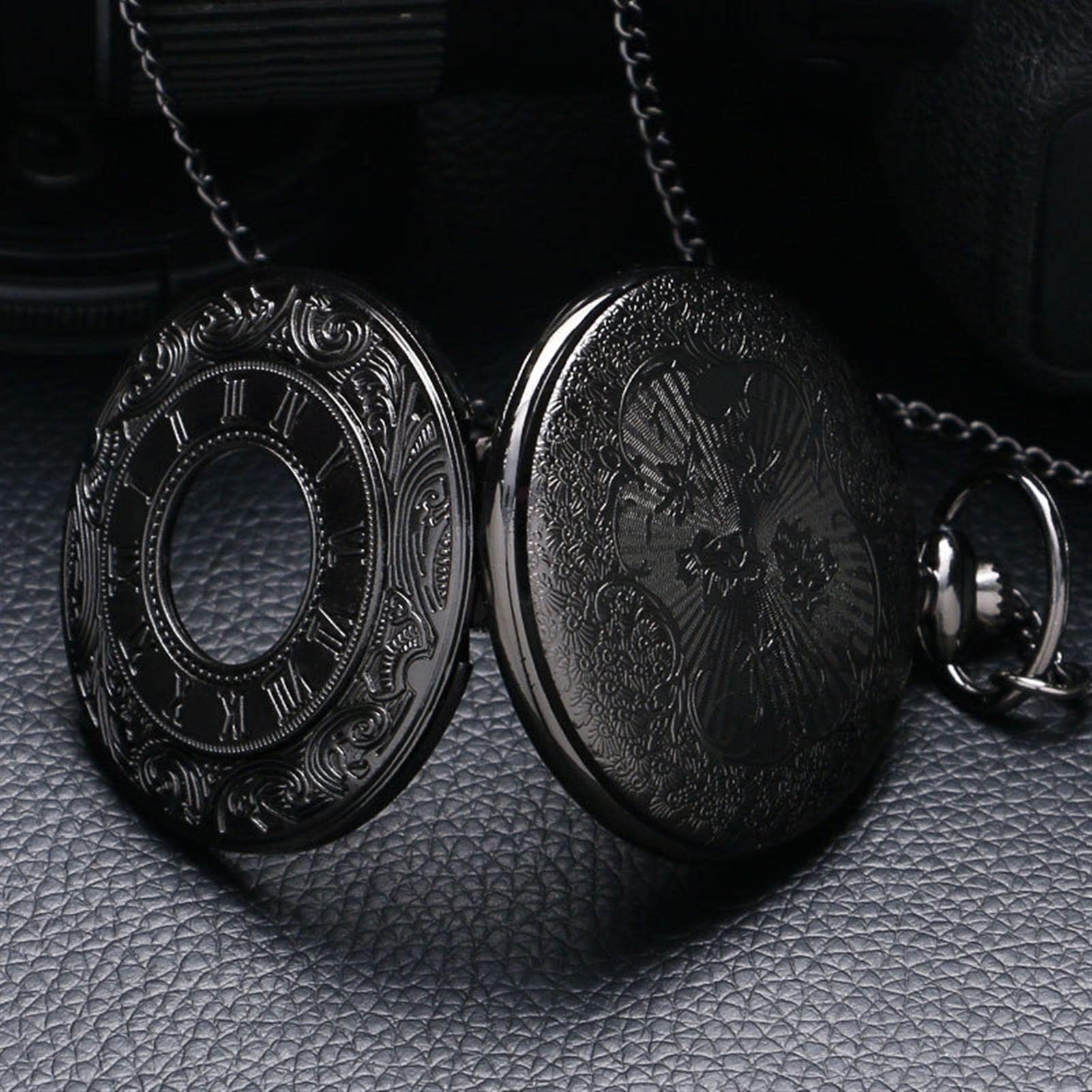 Zegarek kieszonkowy i łańcuszek, Vintage czarny zegarek kieszonkowy z cyfrą rzymską kwarcowy zegarek kieszonkowy Steampunk kobiety mężczyzna naszyjnik wisiorek z łańcuszkiem