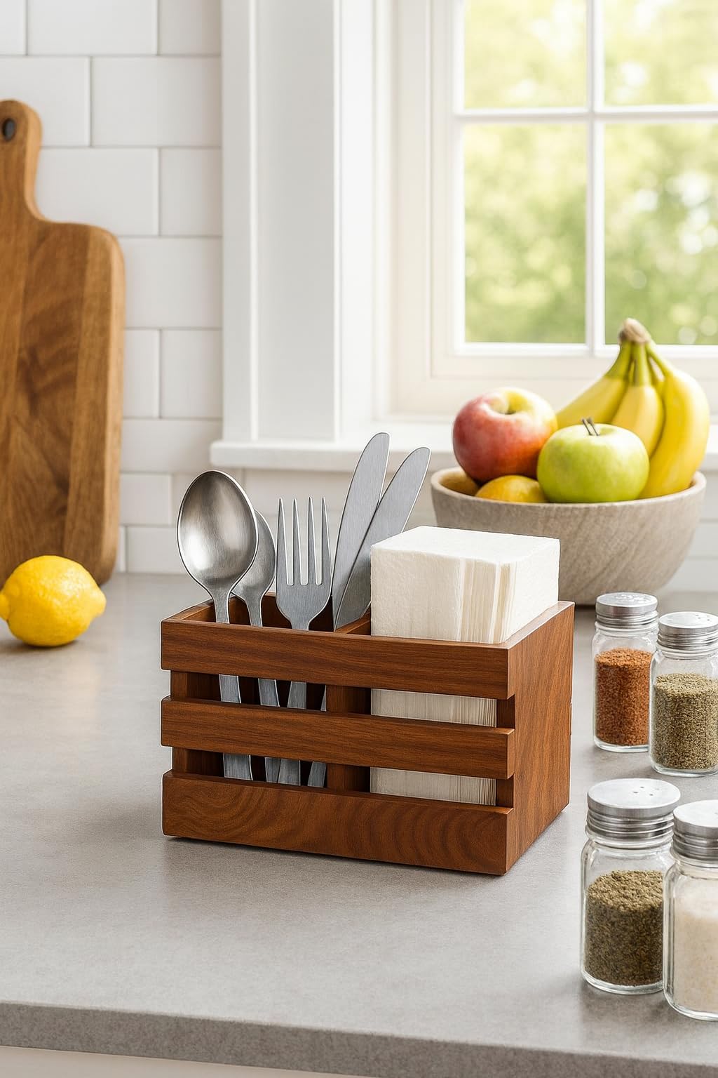 Wooden Cutlery Holder - 2 Compartment Organizer -4
