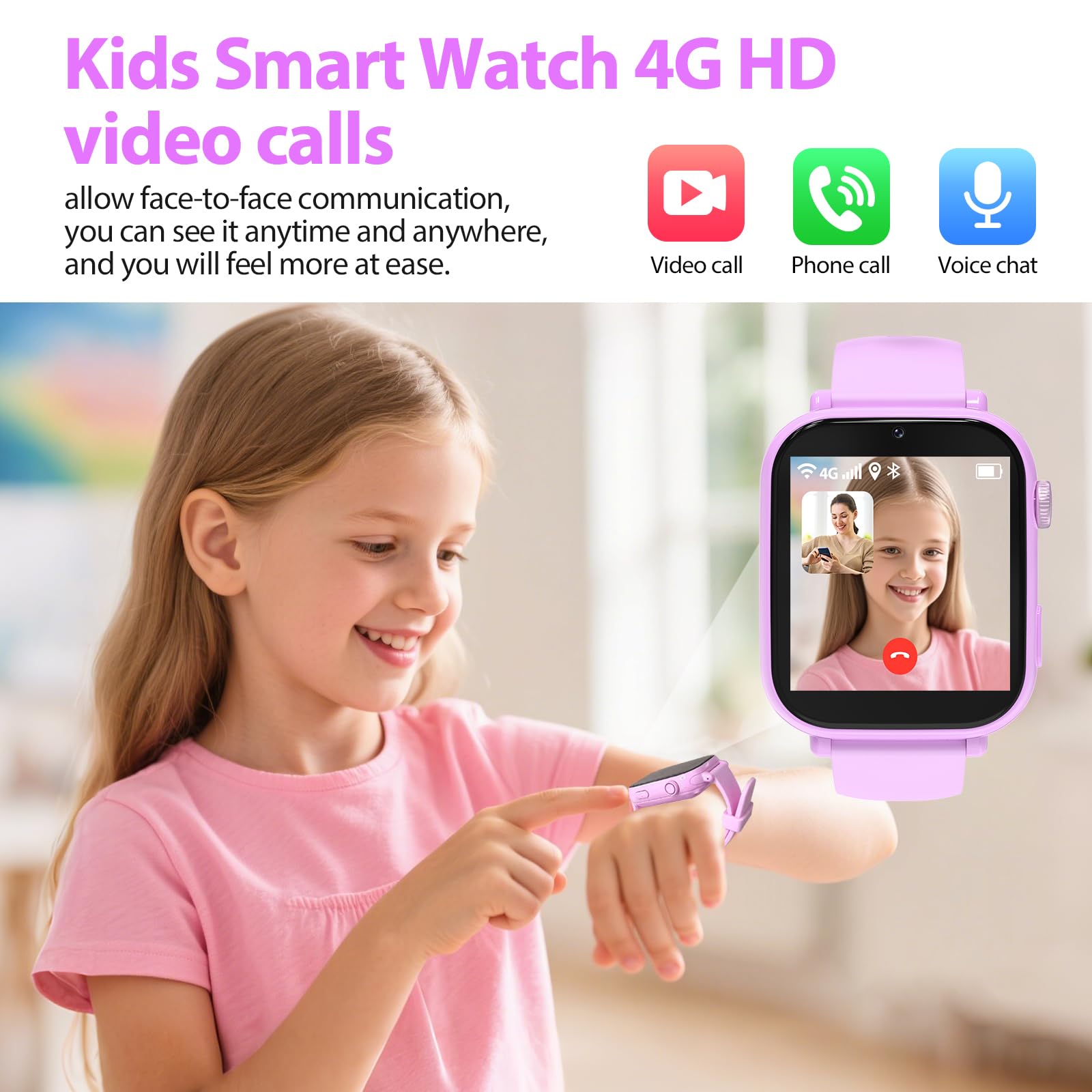 Alutoria 4G Smartwatch Bambina, Orologio GPS Bambini, Con Videochiamata e Telefono, WIFI/GPS/LBS Contapassi/Ricevi SMS SOS Modalità Scuola Sveglia, Regali per Bambini Dai 4 Anni in Su, Viola tenue