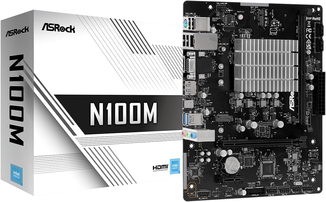 ASRock N100M Micro-ATX Motherboard, Intel Quad-Core N100 Processor (up to 3.4 GHz), DDR4, PCIe 3.0, USB 3.2 Gen2 Type-C, Gigabit LAN