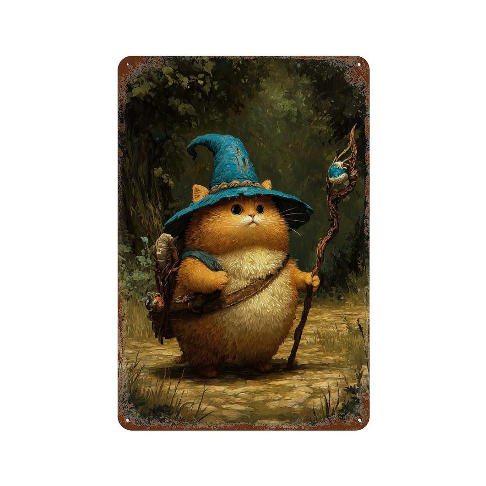 Distressed Metal Wall Sign Funny Cat Wizard in Forest 11.8"x7.9", Decorative Metal Wall Art for Farmhouse, Kitchen And Entryway Decor