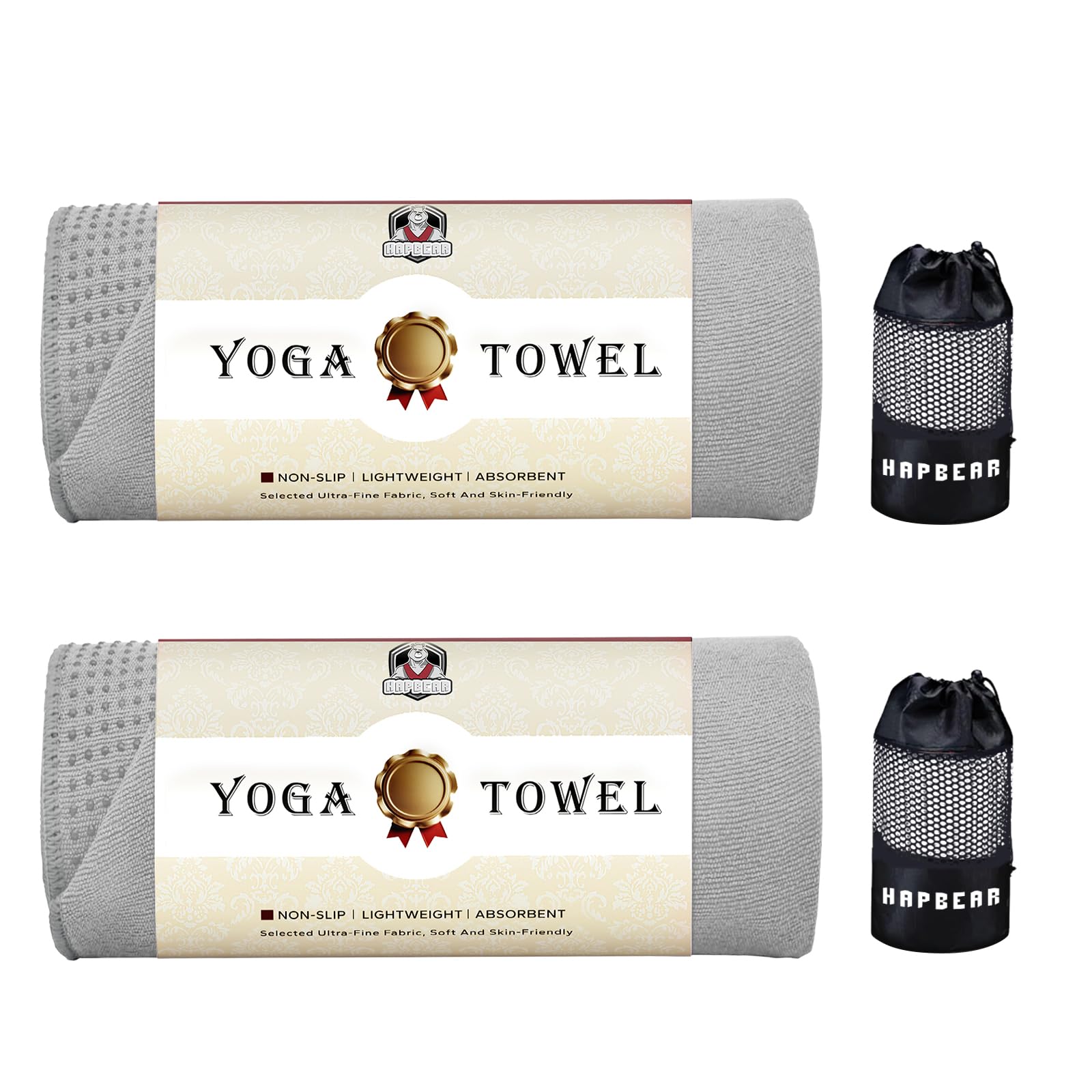 HAPBEAR Lot de 2 Serviettes Yoga 183 x 61 cm,Antidérapantes pour Tapis–Gris | Microfibre avec Picots Silicone,Séchage Rapide,pour Hot Yoga,Pilates,Salle de Sport & Bikram
