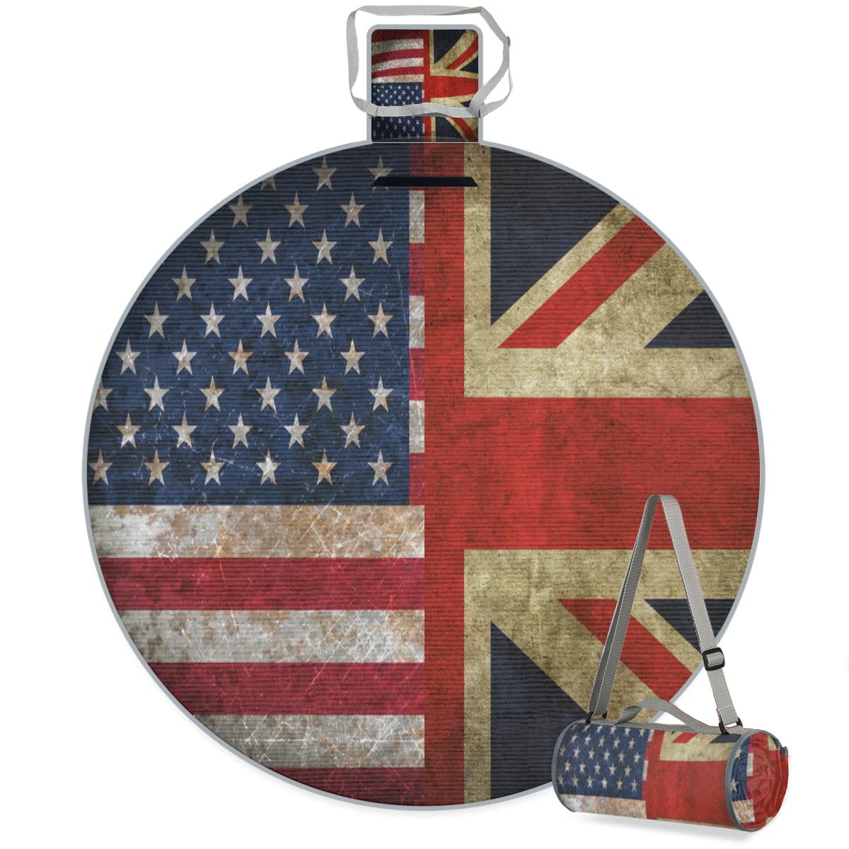 Shimoshe American Flag Picnic Outdoor Blanket Foldable Waterproof Sandproof Beach Blanket Portable Water-Resistant Round Picnic Mat for Travel Camping Park Lawn
